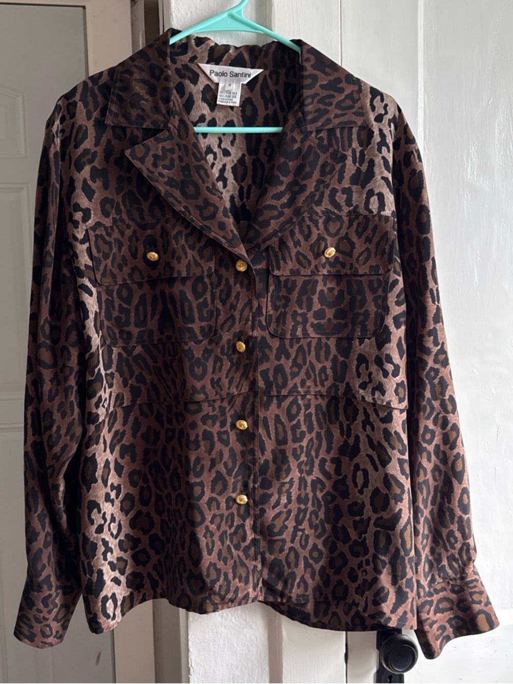 Paolo Santini Brown Leopard-Print Button Front Blouse 100% silk